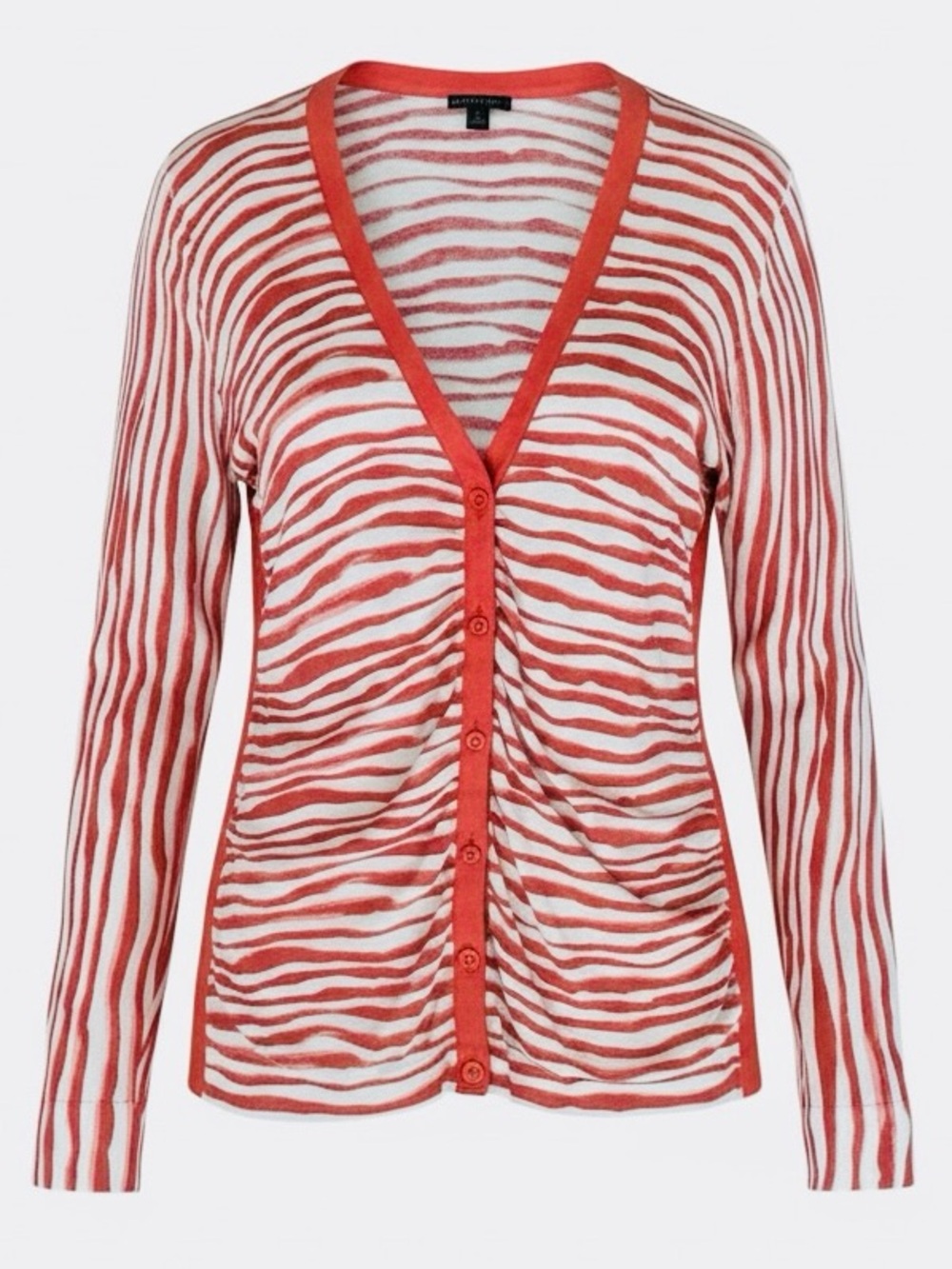 Lafayette 148 New York Coral & Off White Striped Cardigan Sweater L Coastal Arts
